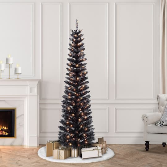 6ft. Pre-Lit Black Tinsel Artificial Tree, Clear Lights
